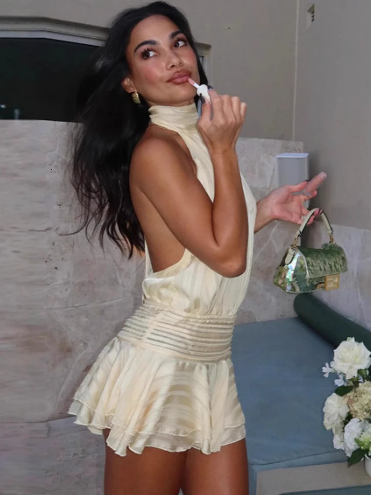 2025 Summer Fashion Sexy Womens Mini Dress Hanging Neck Strap Bareback Short Strap Fold Dress 250519