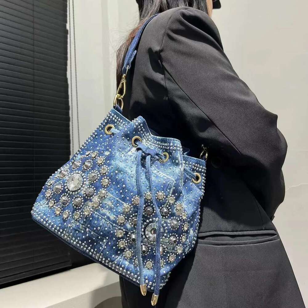 Women's Fashion Elegant Shoulder Bag Large Capacity Drawstring Dia Denim Handbag
