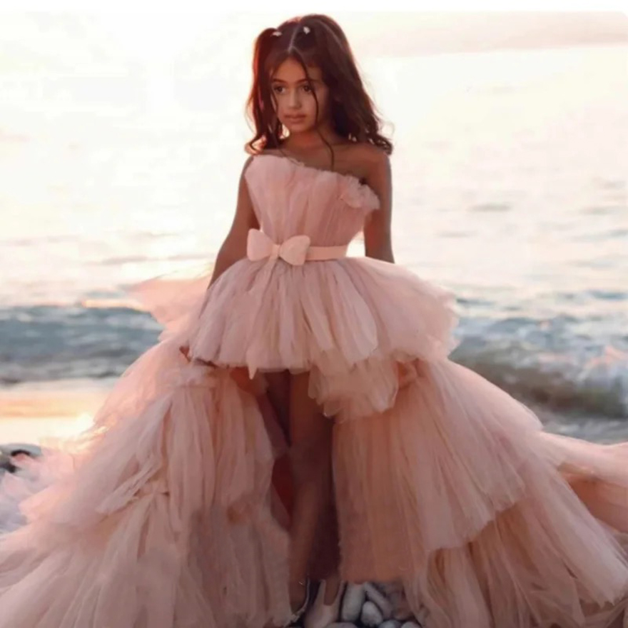 Customized Kids Strapless Party Pageant Dresses Tiered Princess Birthday Photoshoot Dress High Low Flower Girl Dresses For Beach