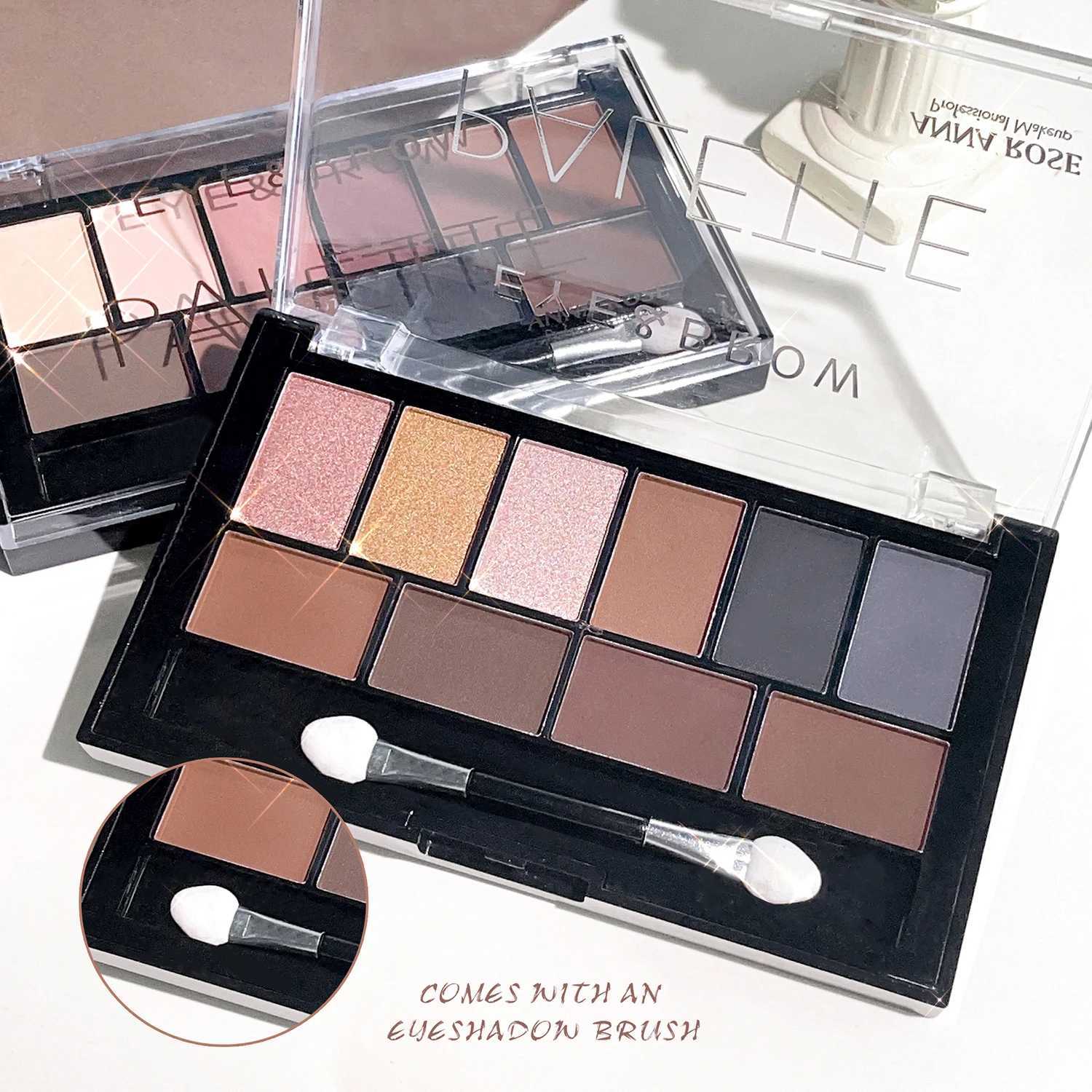 10-Color Eyeshadow Palette With Brush Smokey Grey Brown Shades Matte Shimmer Glitter Highlight Long-Lasting Waterproof SweatpXJ250520