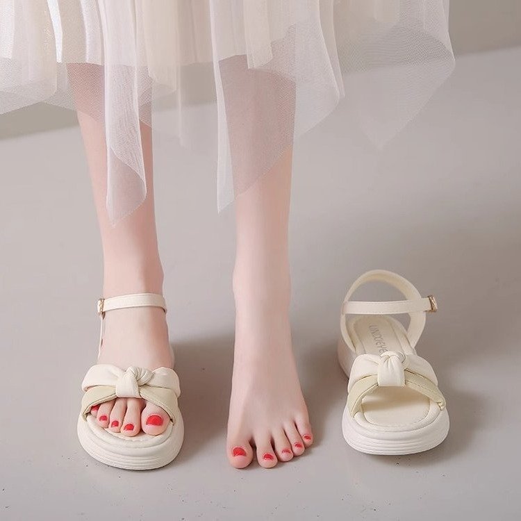 Free shipping Designer Women's summer new bow sandals, thick-soled height-increasing, versatile and comfortable beach shoes, commuter sandals