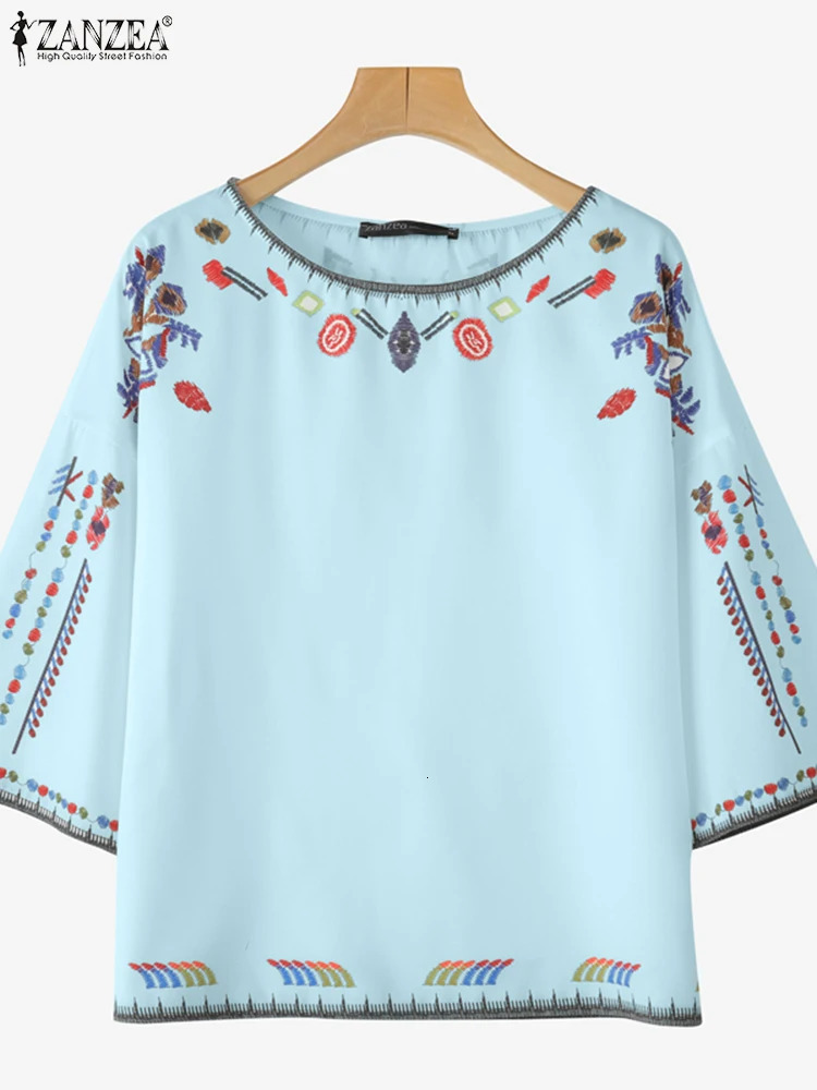 ZANZEA Summer Woman Ethnic Style Printing Blouses Casual Loose 34 Sleeve ONeck Blusas Mujer Vacation Everyday TShirts 250520