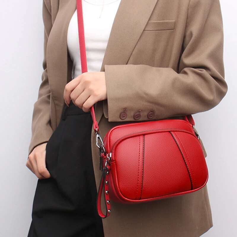 Solid Color Fashionable Rivet Zipper Women's Mobile Phone Simple Soft Leather Shoulder Crossbody Small Square Bag Handbag