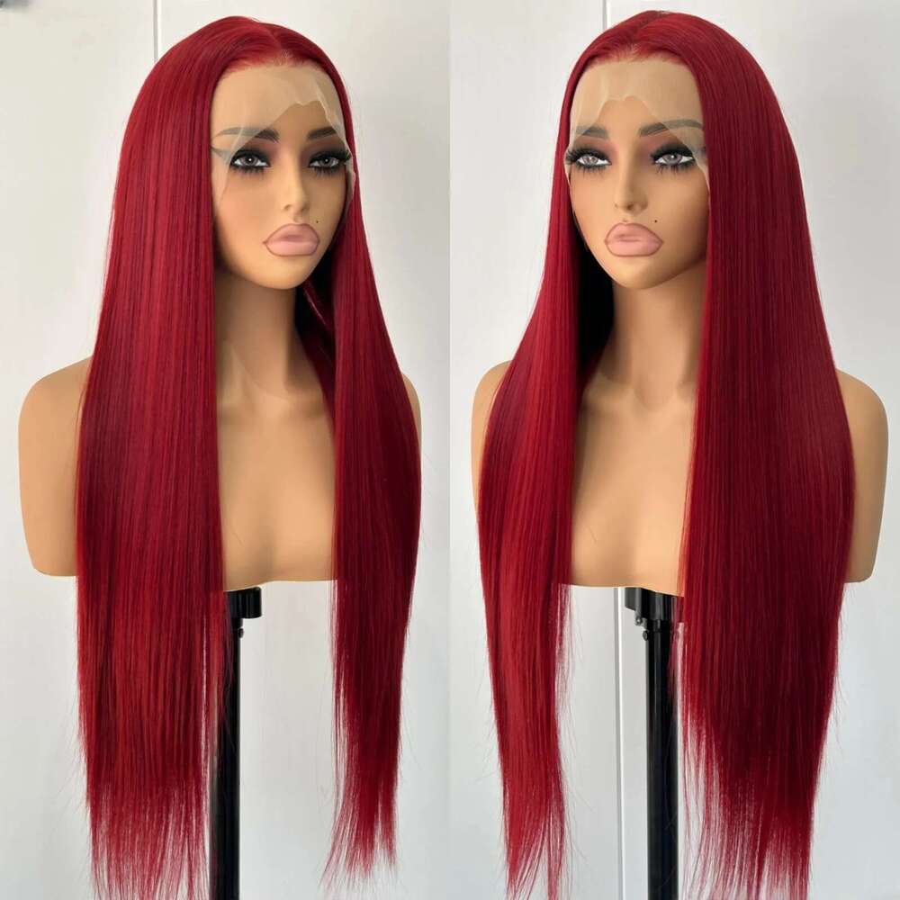 Long Red Women Silky Straight Synthetic Hair Free Part Wine Bury Colored Heat Resistant Fiber Wigs for Daily Party