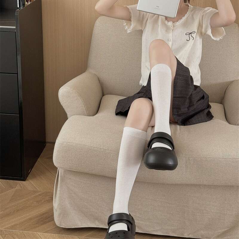 Summer Thin Children's Knee High Calf Socks, Solid Color Sweat Absorbing White JK Lolita Long Tube Slimming Boneless Socks B5