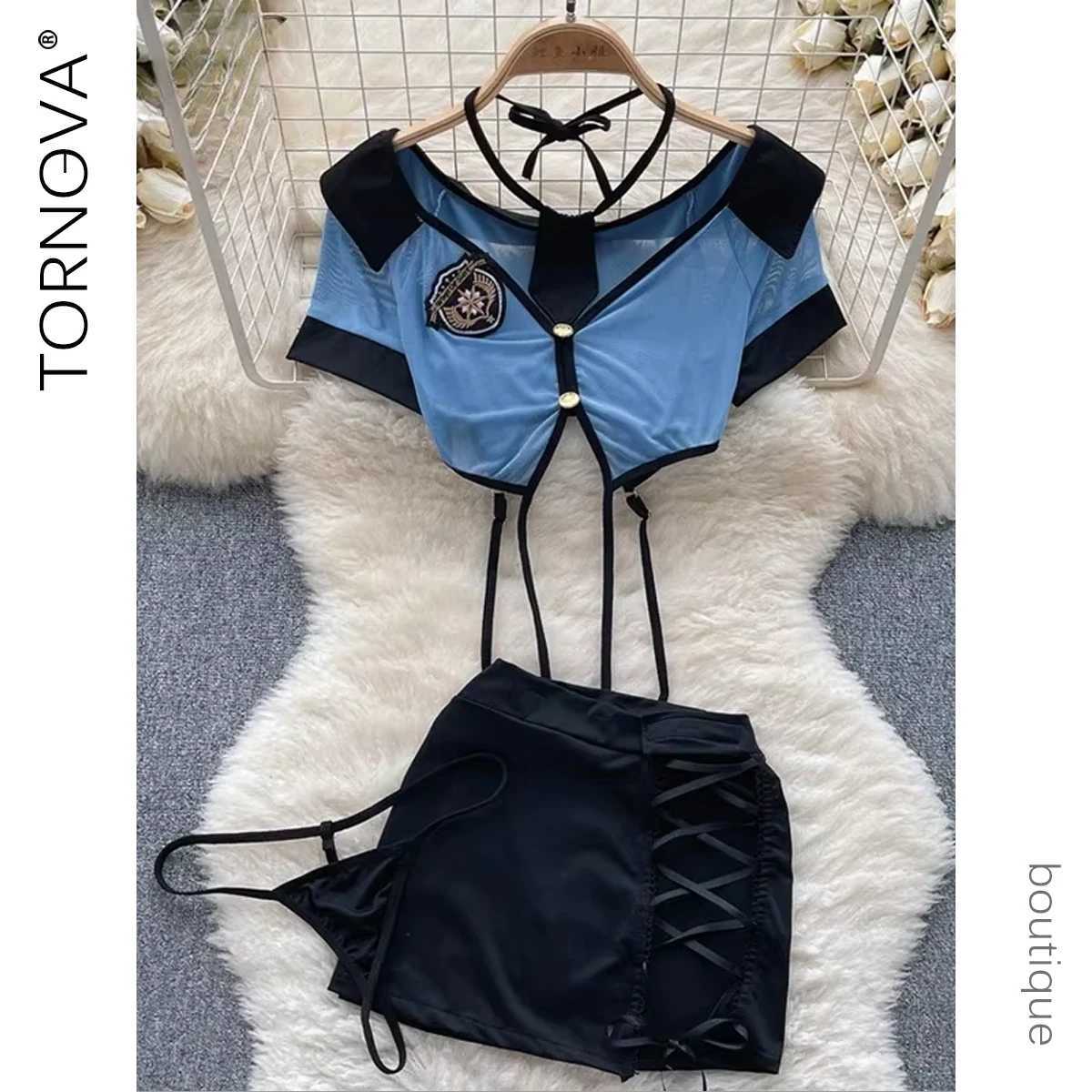 Preppy Style Sexy Uniform Sets For Women 2024 Neck Sheer Top+Lace Up Mini Skirt+Thongs Hollow Out Cosplay Porn Suits R250520