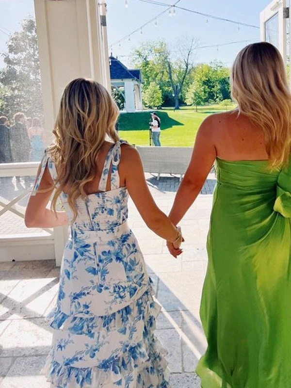Spaghetti Straps Blue Floral Print Prom Dress Ruffles Tiers Evening Gown Floor length Side Slit Birthday Party Special Occasion Dresses 2025