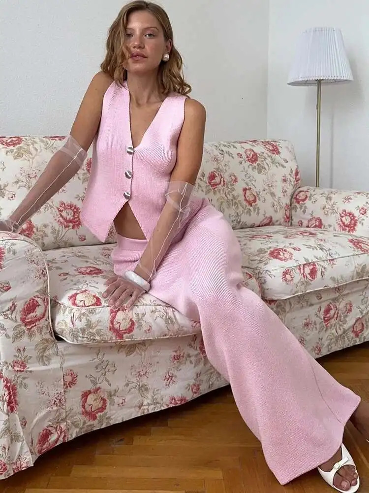 Fantoye Knitted Vneck Metal Button Women Skirt Suit Yellow Sleeveless Top Long Female Summer Slim Casual Two Piece Sets 250520