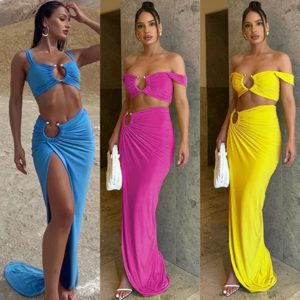 Womens Patchwork Two Piece Set Laceup Sleeveless Halter Cropped Vest TopSlim Long Skirt Female Beach Holiday Outfit 250520
