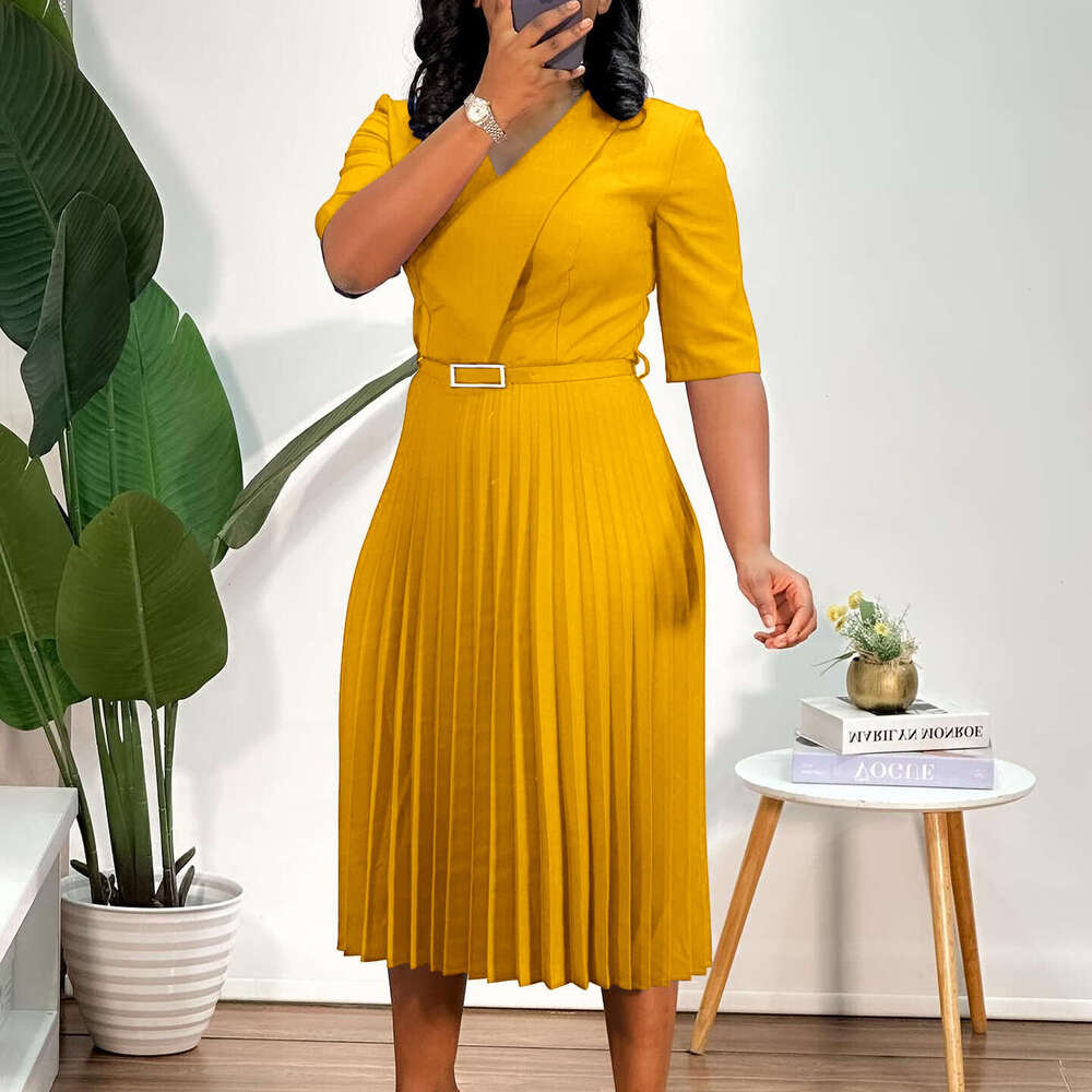 Women's Wear D3296 Women's New Solid Color V-Neck Fashionable Temperament Pleated Dress