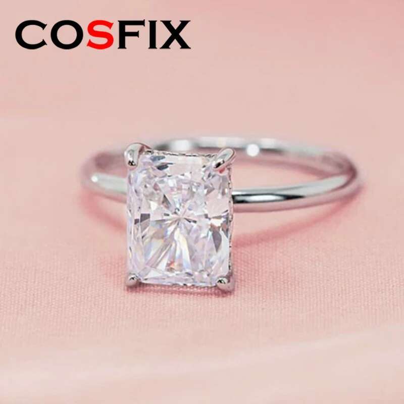 COSFIX 1ct Radiant Moissanite Rings For Women Wedding Jewelry with GRA 925 Sterling Sliver Plated 18k White Gold Diamond Bague