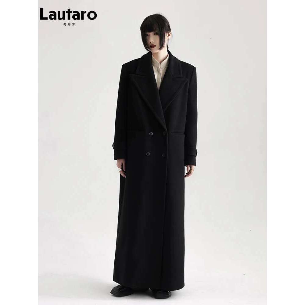 Lautaro Winter Extra Long Black Warm Soft Wool & Blends Coat For Women High Quality Loose Casual Woolen Overcoat 2024