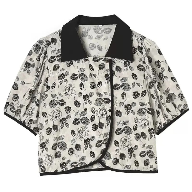 Black Floral Printing Elegant Chic PoloNeck Short Sleeve Womens Blouse Shirt Vintage Female Clothing Tops 2025 Fashion 250514