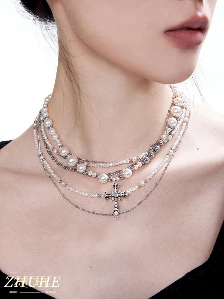 ZHUHE The Pearl Cross Layered Necklace In A Retro Style Is A Perfect Jewelry Accessory For Women And A Party Gift For Their Girl 250520