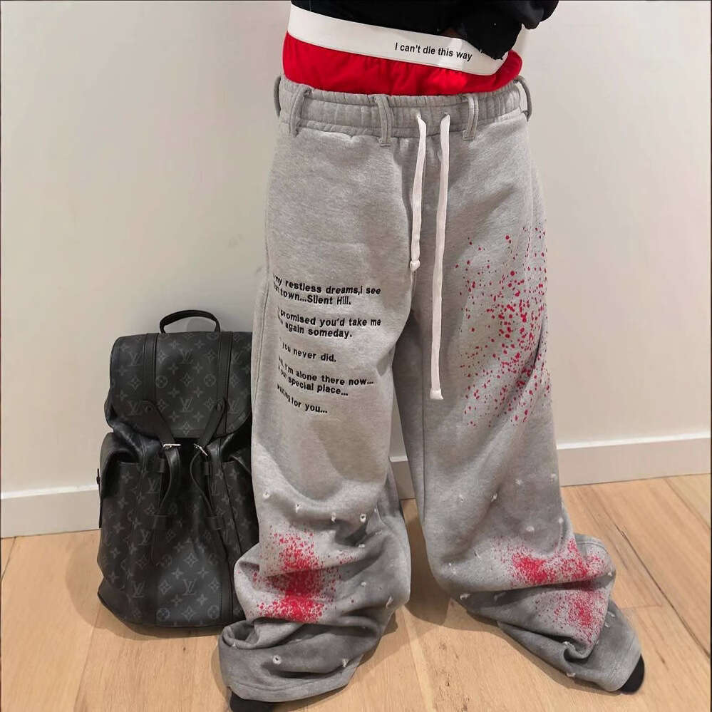 American Gothic style old inkjet painted letter printing double-layer sports casual pants for men, loose fitting hip-hop rap street