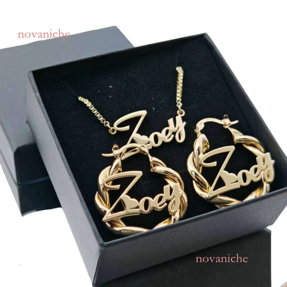 Autumn Cold Stainless Steel 2pcs Necklace with 27mm Twisted Ring Earrings Personalized Name Jewelry Set Cute Gift