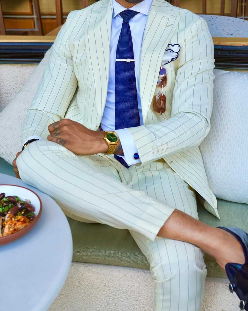 Fashion Pinstripe Wedding Tuxedos 2 Piece Set Jacket Pants Peaked Lapel Men Suit Classic Fit Groom Wear Party Suits Customized