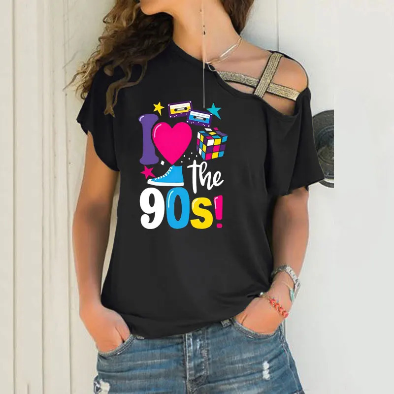 Fashion Womens t shirt Sexy Off Shoulder Short Sleeve 90s Retro Feeling Graphics Prin Irregular Skew Cross Bandage Tops Tees 250517