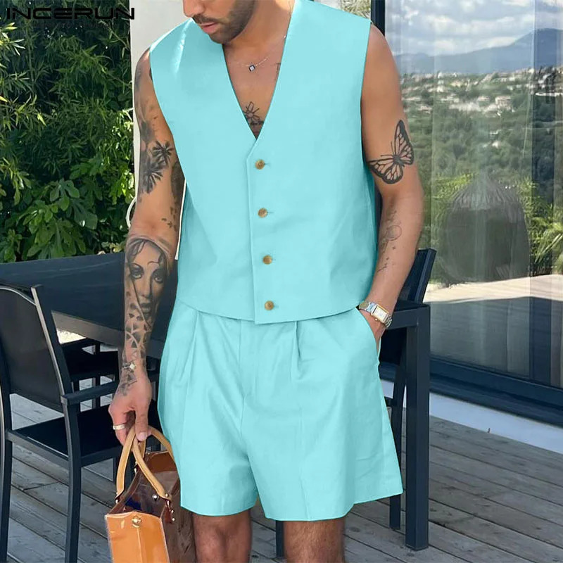 INCERUN Men Sets Solid Color V Neck Sleeveless Crop Vests Shorts Two Pieces Sets Streetwear Fashion Mens Casual Suits 250519