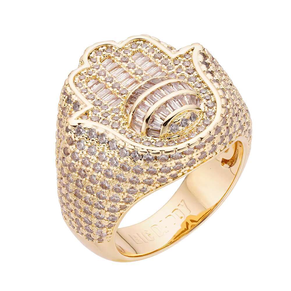 Hip Hop Bling Iced Out Zirconia Popular Custom 925 Plata Vintage 14K Baguette Iced Out Hamsa Hand Fatima Ring