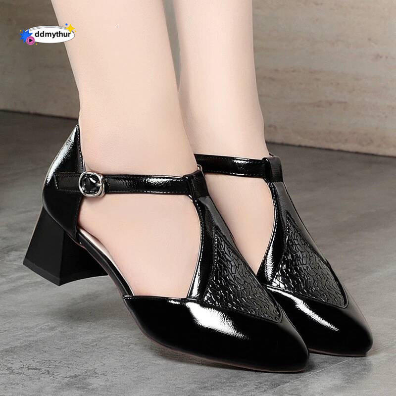 Baotou Sandals For Women In Summer 5cm Pointed Toe Woven Hollow Shallow Mouth T-Buckle Thick Heel Commuting Single Shoes Fashion ddmythur