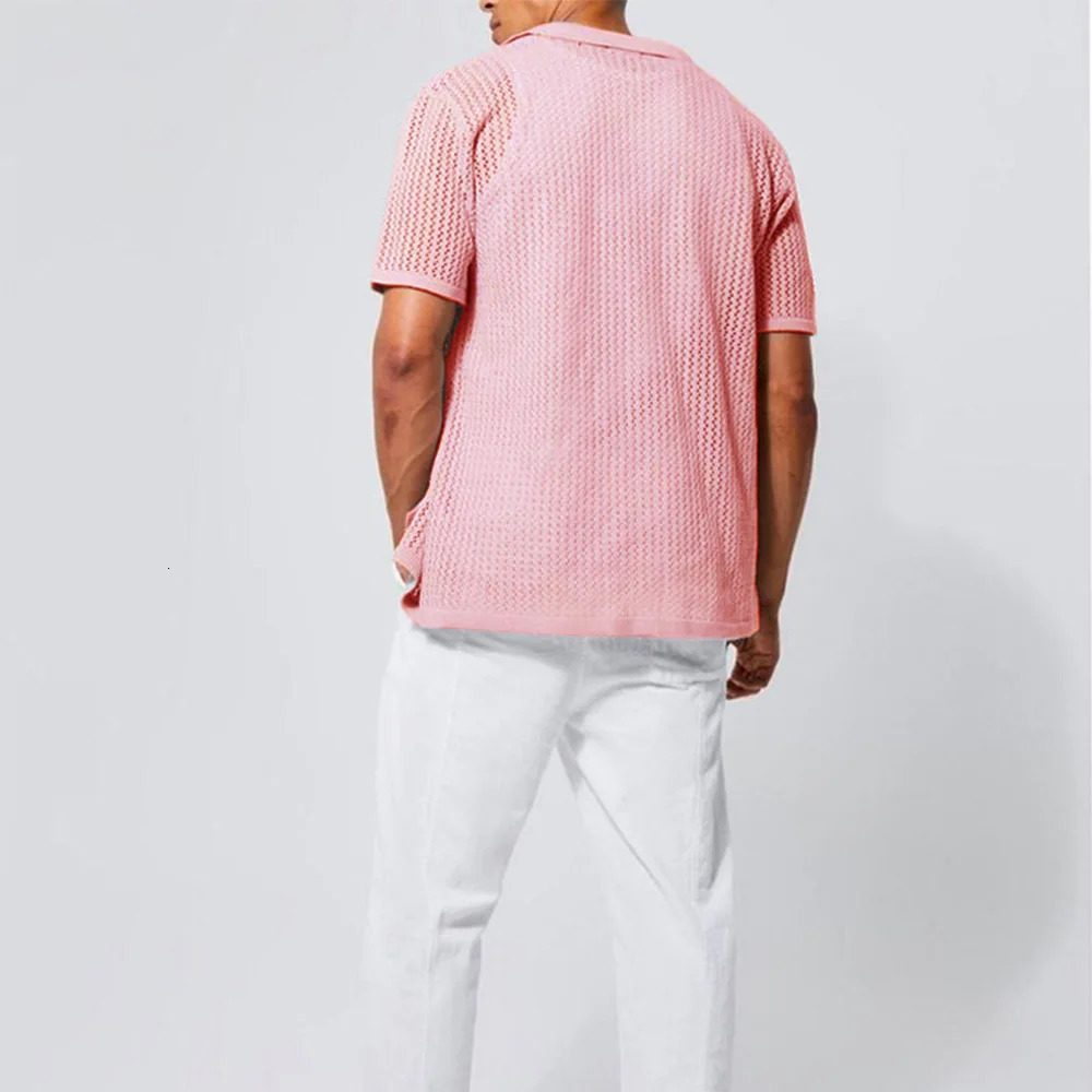 Mens Casual Knitted Shirt Summer Solid Color Lapel Hollow Breathable Men Shortsleeved Top 250520