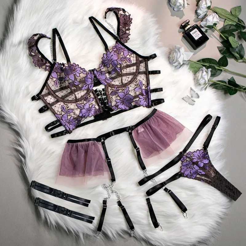 Purple Lingerie Set Sexy 4-Piece Mesh Embroidered Hollow Flower Cute Metal Charm Clips Uniform Apron Suits for Sexy Costume Play R250520