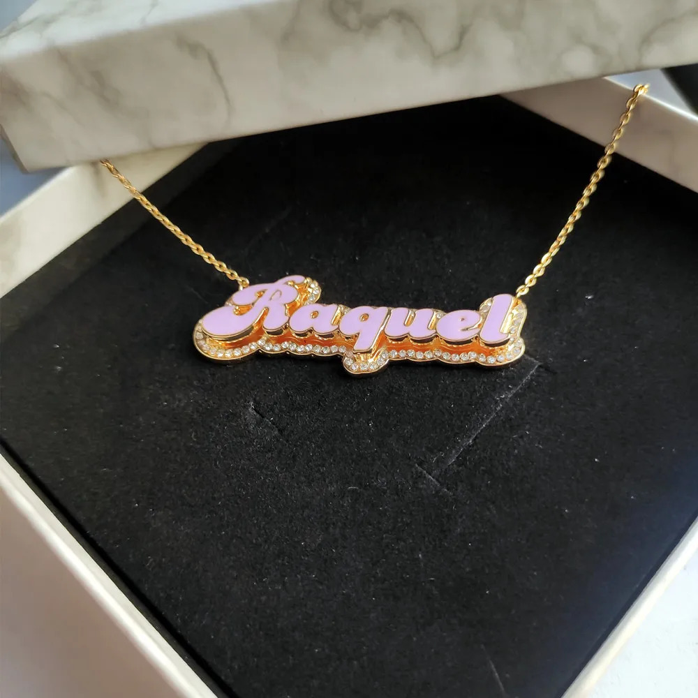 DUOYING Custom Enamel Name Necklace With Rhinestone Gold Plated Double Pendant Enamel Necklace For Women Jewelry Christmas Gift 250520