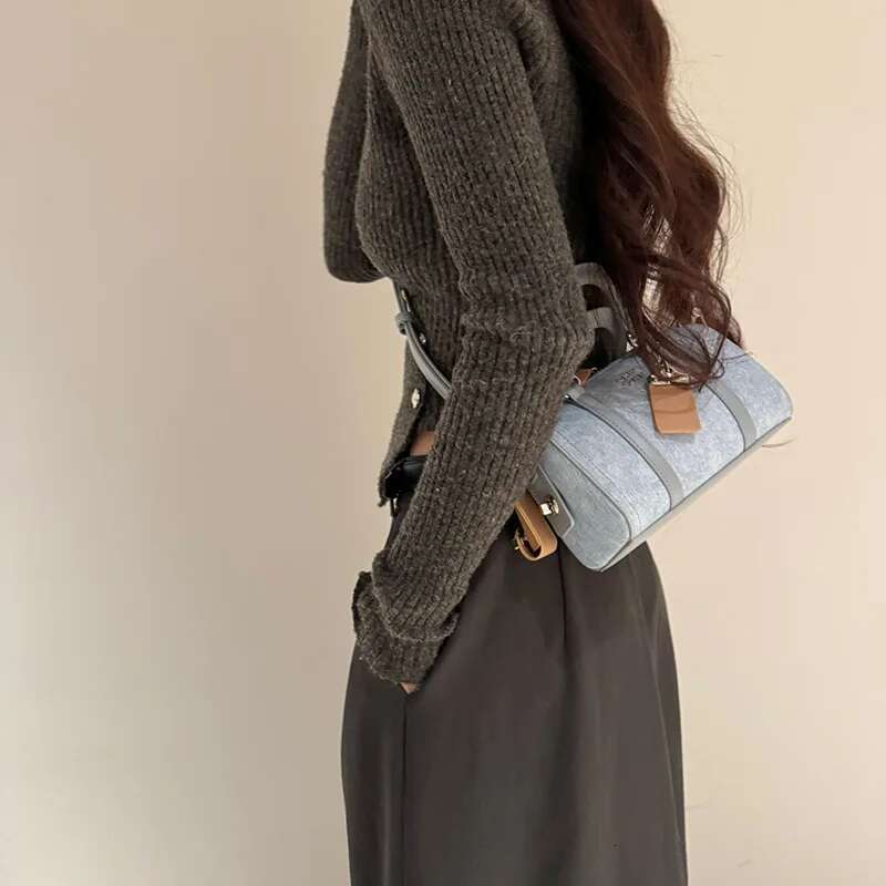 French Hand Boston Women Advanced New Denim Shoulder Crossbody Commuter Makeup Pillow Bag
