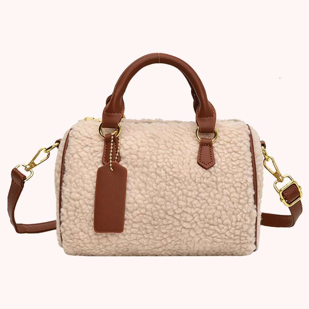 Women PU Leather Shoulder Fluffy Furry Boston Barrel Bag Pocket Satchel Purse With Zipper Handbag For Work Travel