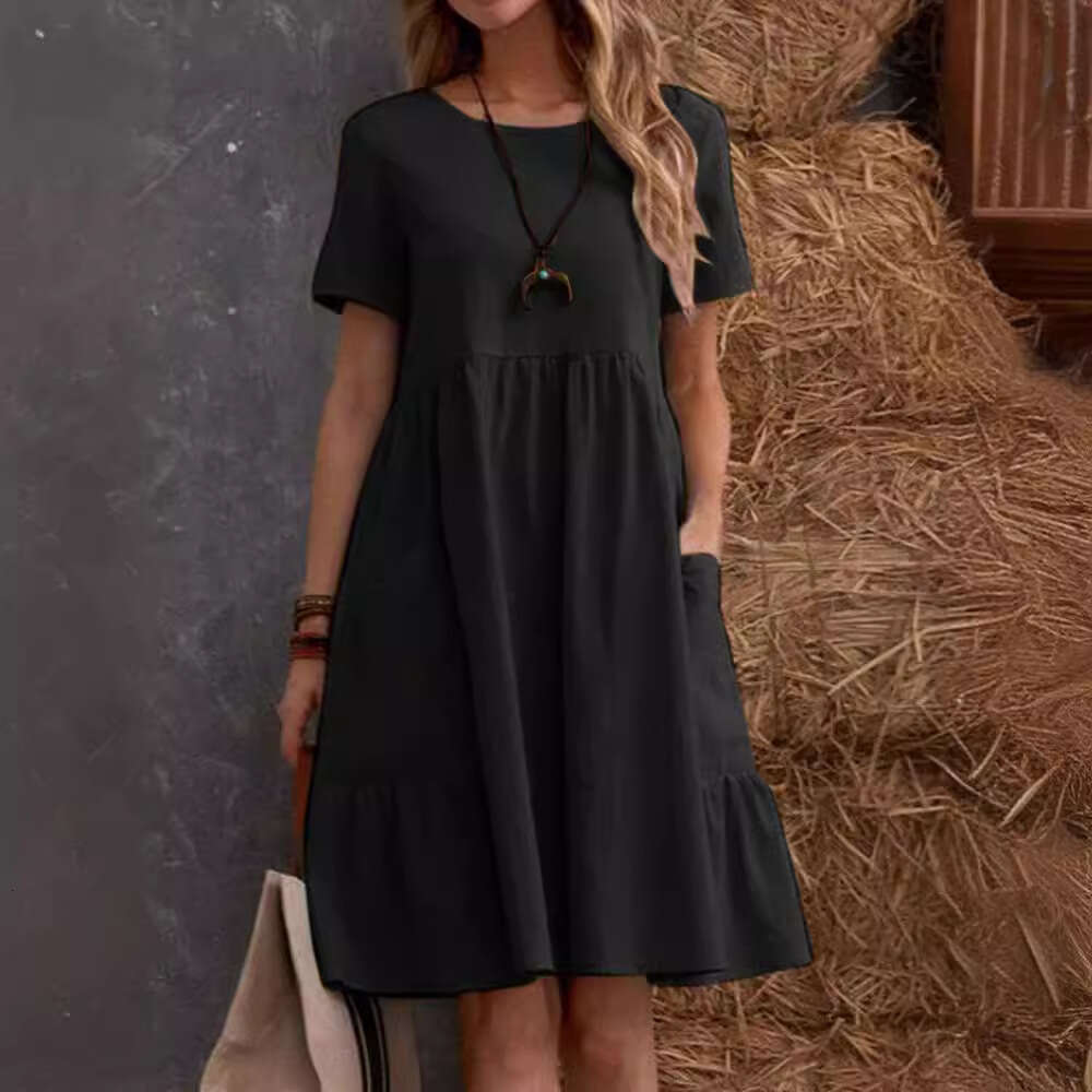 Summer TEMU Loose Pocket Solid Color Round Neck Women's Cotton And Hemp Dress B5