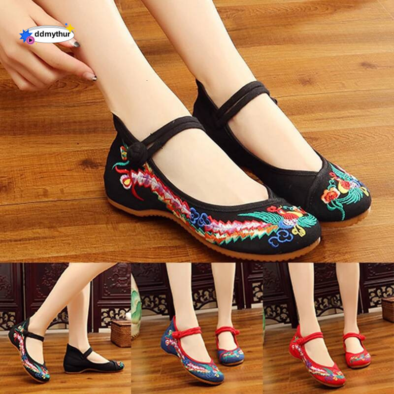 Phoenix Flower Embroidered Women Canvas Ballet Flats Ankle Strap Ladies Casual Cotton Chinese Embroidery Ballerina Shoes ddmythur