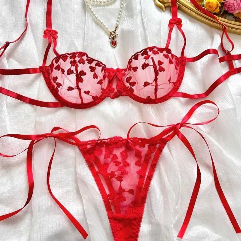 Piece Set Love Embroidered Sexy Underwear Suit for Women Mesh Patchwork See-Through with Steel Ring Sexy Lingerie New R250520