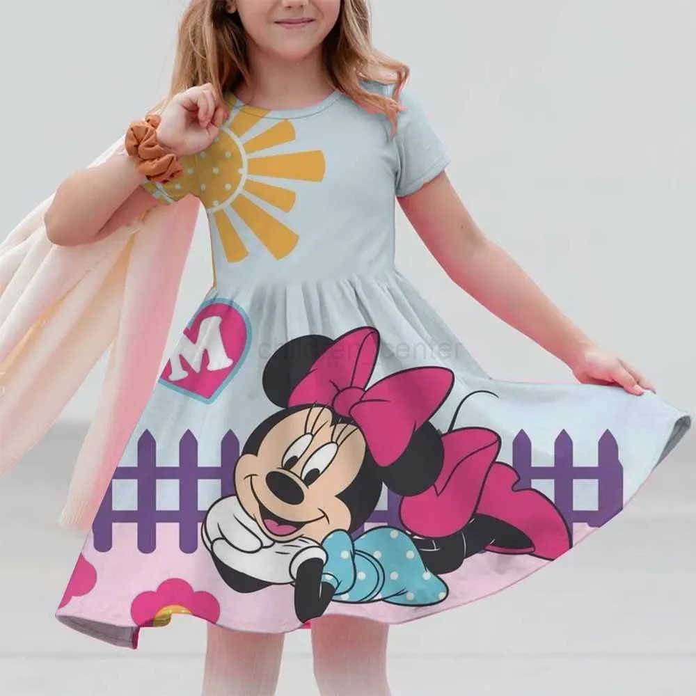 Mickey Mouse Summer Girls Skirt Short Sleeve Dress 3D Printed Cartoon Disney Cute Childrens Fashion MNSO Party Trendy Clothing W250520