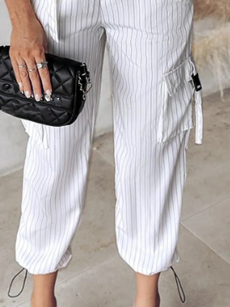 White Striped Vest Suit For Women Summer Casual V-neck Button Top Pocket Loose Pants Outfits Two-piece Suit For Women Elegant 250516