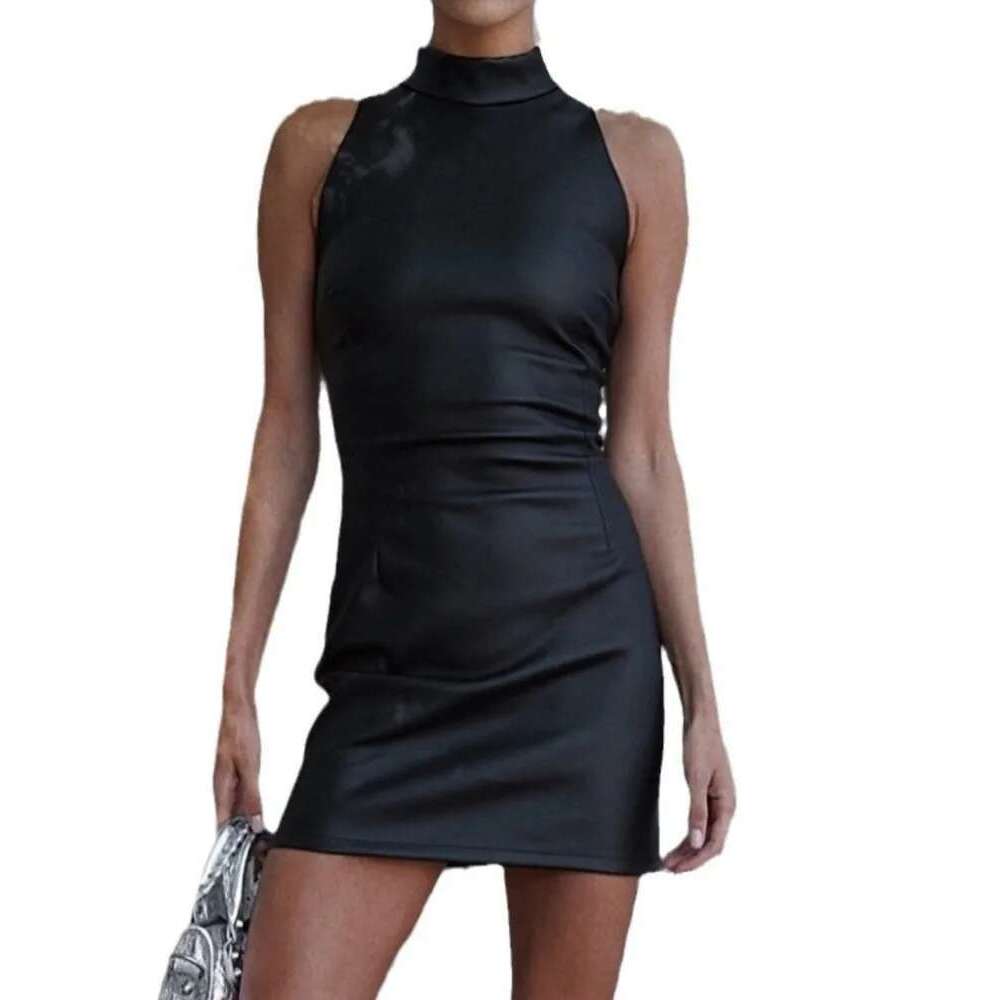 Fashion PU Leather Mini Women Elegant Stand Collar Bodycon Short Party Dress Female Sexy Slim Sleeveless Evening Vestidos