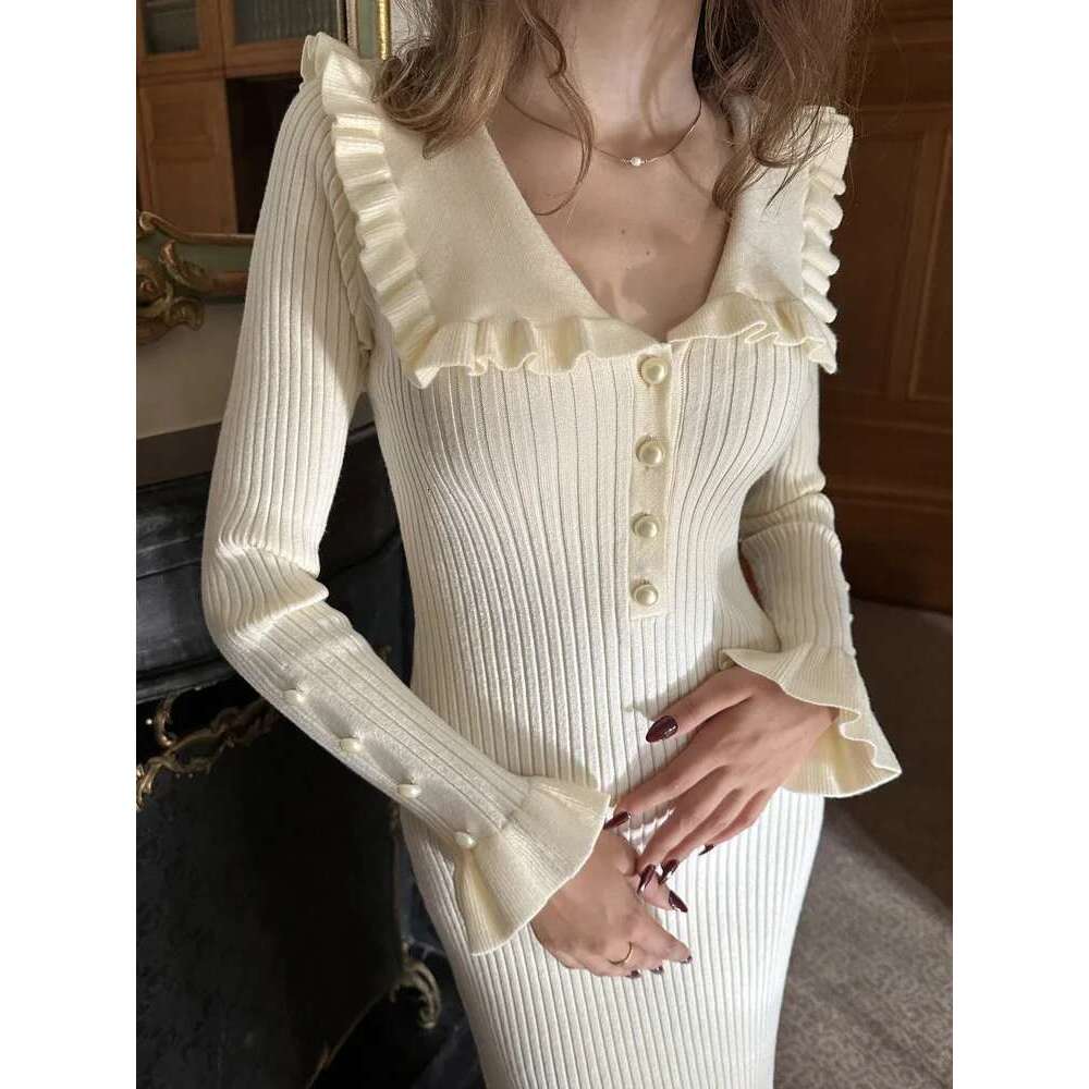 Tossy Ruffled Patchwork Knit Maxi For Women Elegant Ribbed Sleeve Party Gown Slim Knitwear Fashion Long Dress Designer