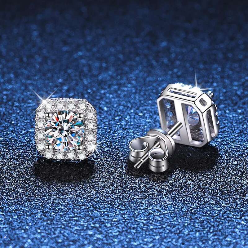COSFIX White Gold 1CT Moissanite Stud Earrings for Women Round Cut S925 Silver Luxury Square Jewelry Lab Diamond Earring Gift