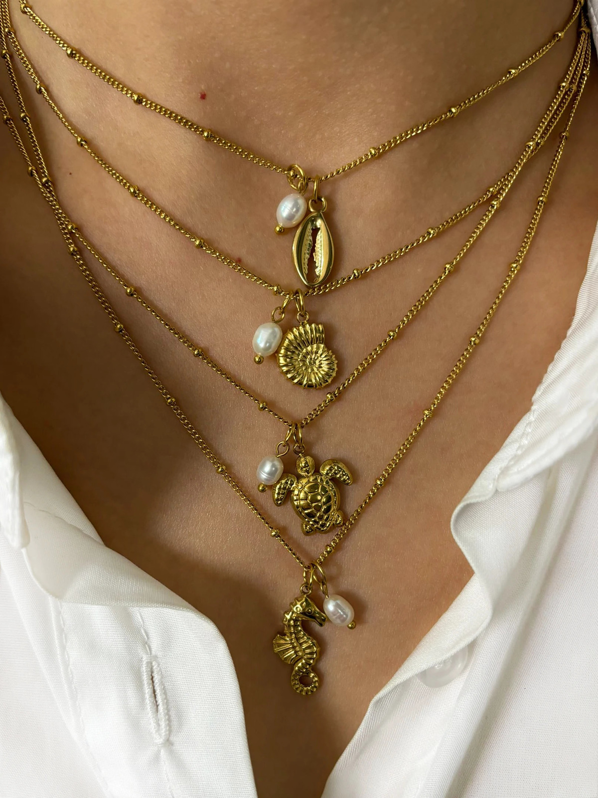 Perisbox Stainless Steel Ocean Series Jewelry Seahorse Conch Sea Turtle Natural Freshwater Pearl Womens Pendant Necklace Beach 250520