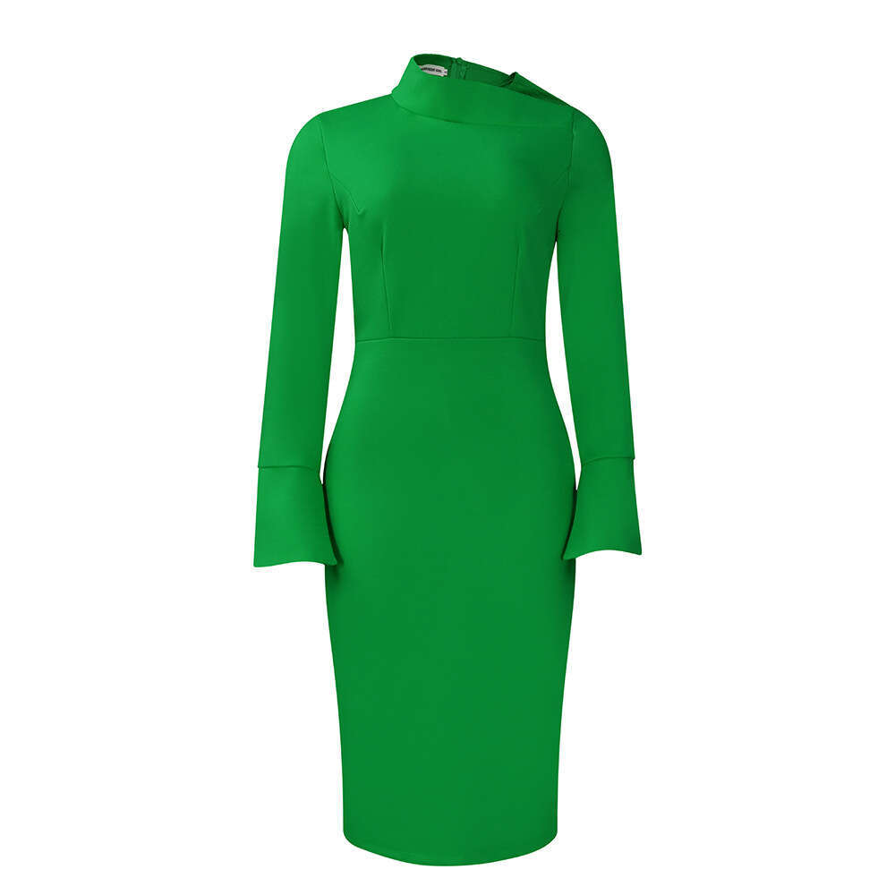 Women's Wear Women's New Fashionable And Elegant Long Sleeved Diagonal Neck Wrapped Hip Elastic Knitted OL Pencil Dress