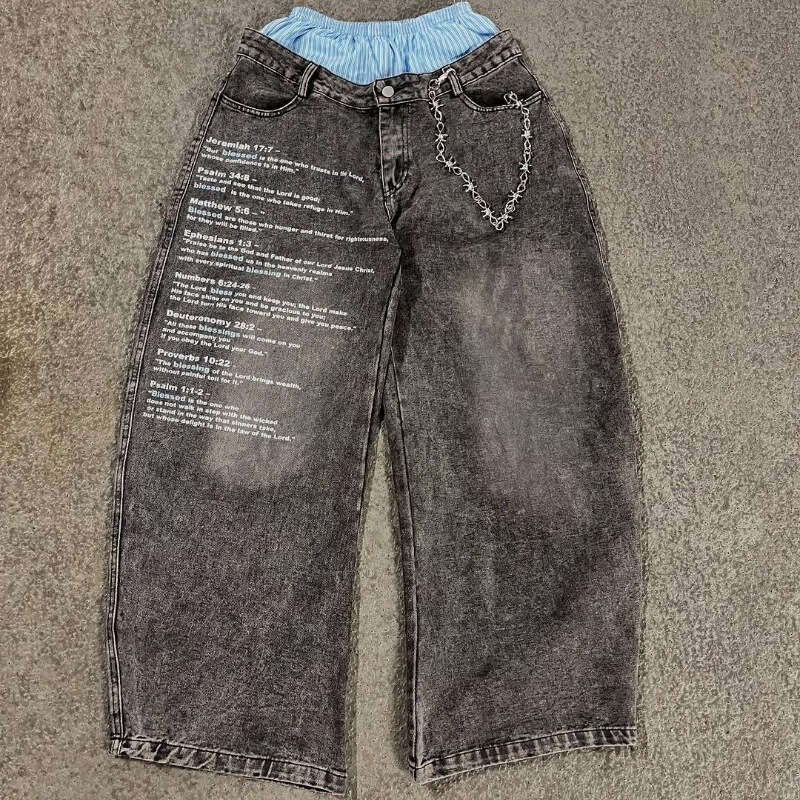 2025 Summer Loose Jeans y2k Harajuku Letter Printed Double Waist High Street Fashion Wide Leg Pants Hee