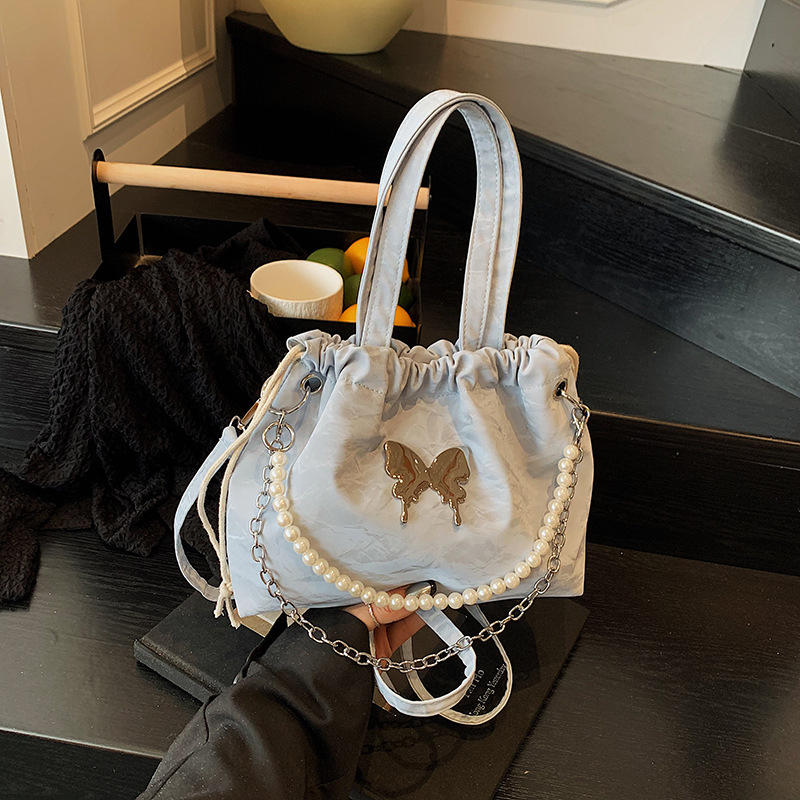 Free Delivery Designer Bag Silver Butterfly Women's 2025 Fashionable Korean Pearl Chain Backpack Versatile Hand Luxury Bag