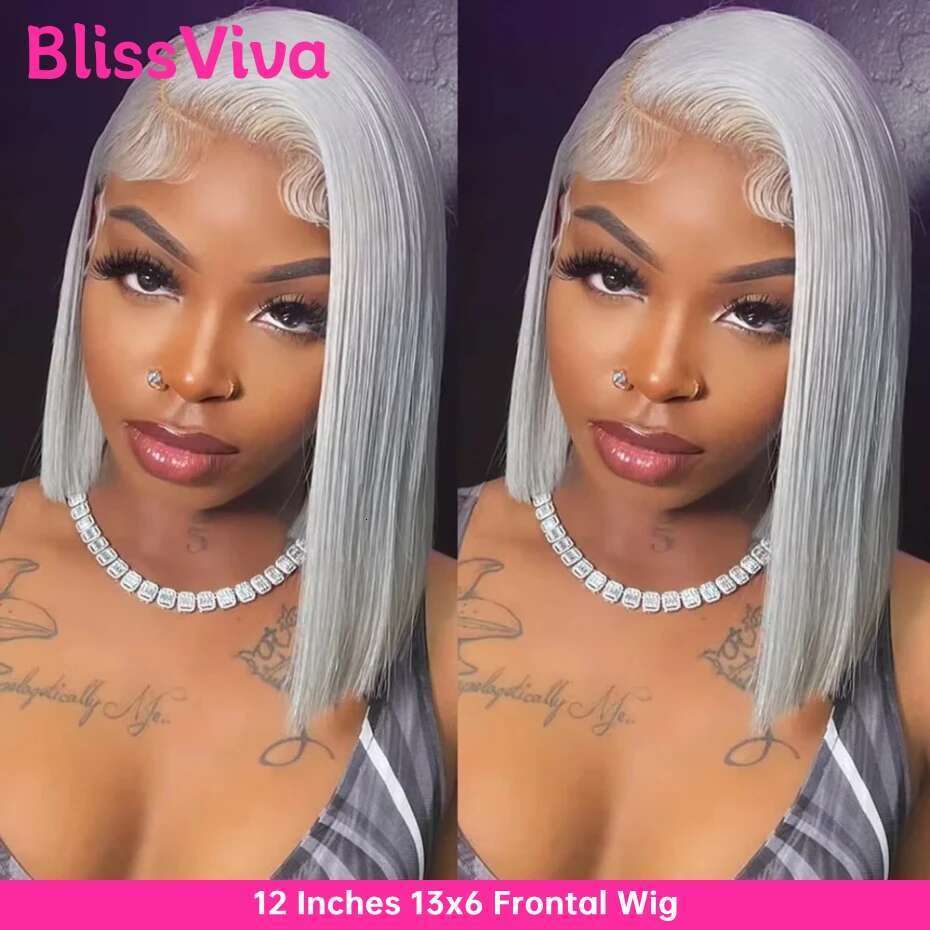 13x6 Short Sier Grey Front Wigs Pre Plucked Ash Gray Blonde 613 Lace Frontal Human Hair Bob Wig