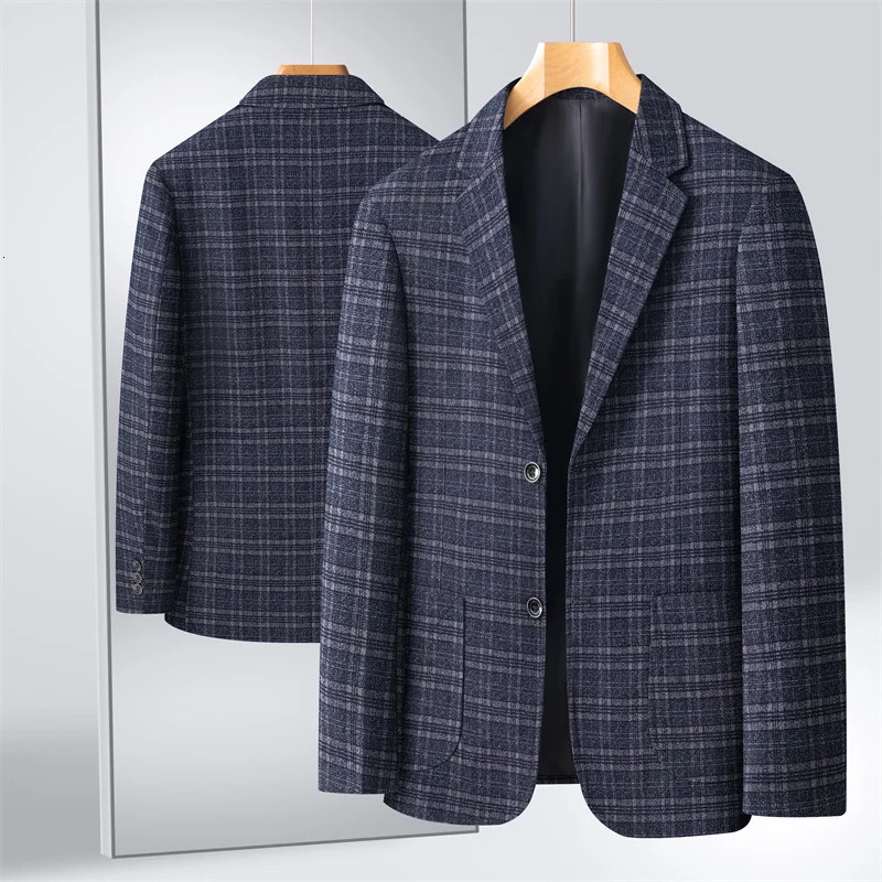 Leisure Loose Navy Blue Check Texture Spring and Summer Young Mens Suit Fashion Trend Casual Coat 250514