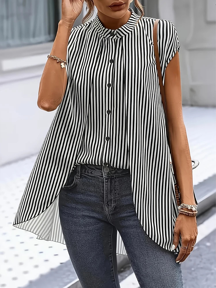 Plus Size Womens Summer Striped Shirt High Collar Single Row Button Basic Office Fashion Long 250520