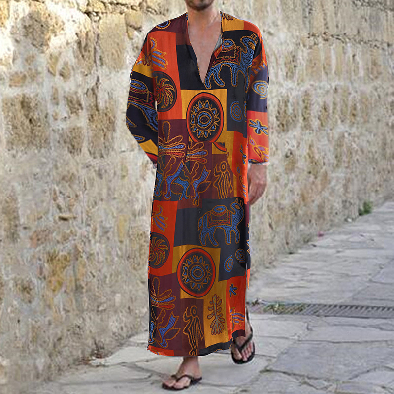 Designer Clothing Arabian Dubai Omani Robe Cotton Oracle Bone Script Elephant Print Saudi Men's Clothing 2025 New Model