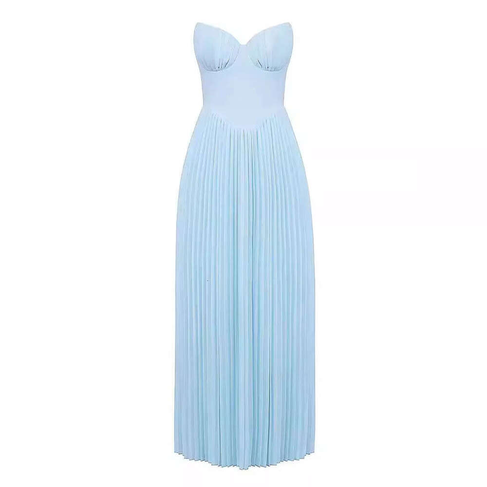 2025 Summer New Product: Sky Blue strapless slimming pleated tight fitting dress. Wholesale of Dress temperament, versatile new trendy clothing. Ins