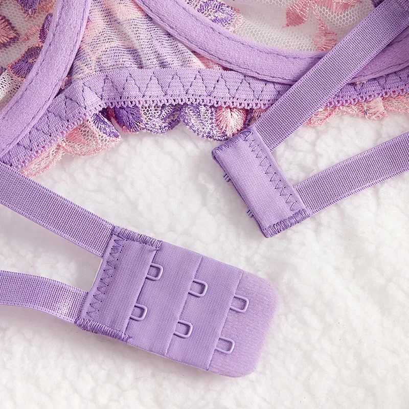 Sexy Purple Sexy Lingerie for Women Mesh Hollow Out See-Through Thin Embroidered Sexy Interesting Lace Underwear Set New R250520