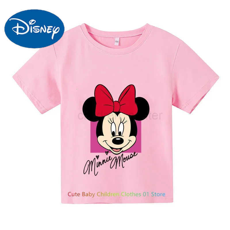 Disney Cotton Childrens Short Sleeved Fashionable Casual Girl Top T-shirt with Cute Cartoon Mickey Mouse Pattern Print W250520