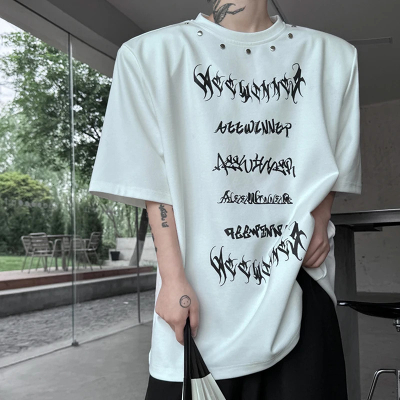 LUZHEN Metal Printed Short Letter Sleeved Rivet T Shirts Decorate n Trendy Summer Shoulder Pad Mens Street Tops LZ9726 250520